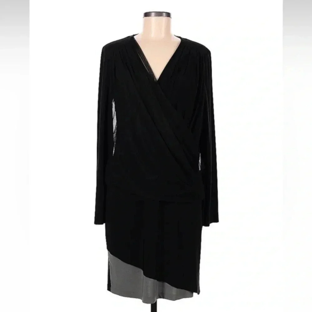Alex & Ava By Komarov Black Mesh Panel Drape Faux Wrap Cocktail Dress Size M NWT